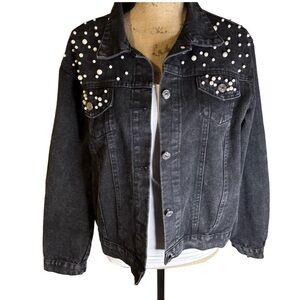 Pearl Embellished Black Denim Jacket